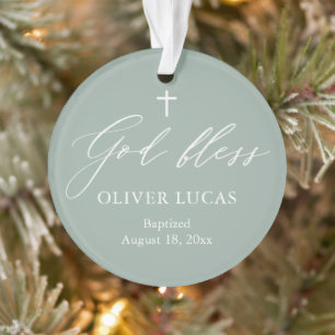 Sage Green Cross Boy Baptism Acrylic Ornament