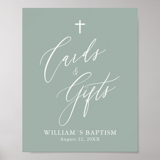 Sage Green Cross Boy Baptism Cards & Gifts Poster (Front)