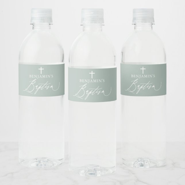 Sage Green Cross Boy Baptism Water Bottle Label (Bottles)