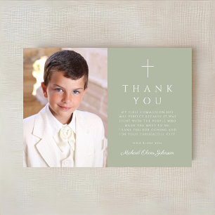 Sage Green Cross Boy First Communion Photo Thank You Card