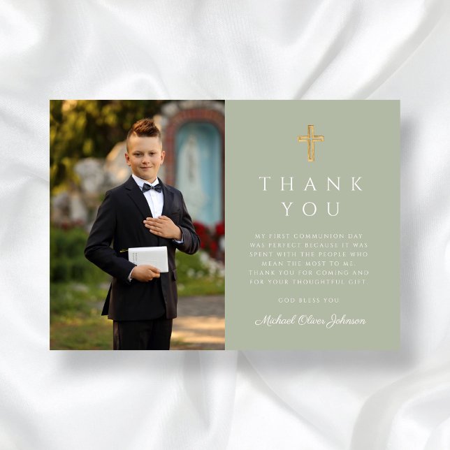 Sage Green Cross Boy First Communion Photo Thank You Card (Sage Green Cross Boy First Communion Photo Thank You Card)