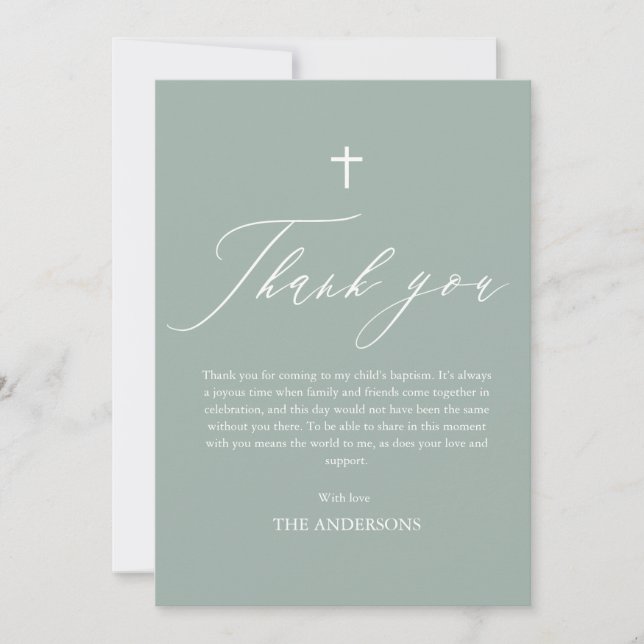Sage Green Cross Boy Photo Baptism Thank You Card (Front)