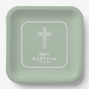 Sage Green Cross Communion Baptism Christening Paper Plate