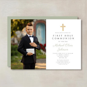 Sage Green Cross Photo Boy First Communion  Invitation