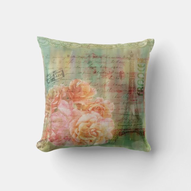 sage green cushion with vintage collaged elements (Front)