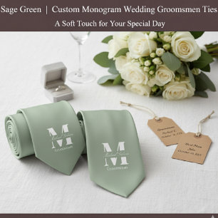 Sage Green   Custom Monogram Wedding Groomsmen  Tie