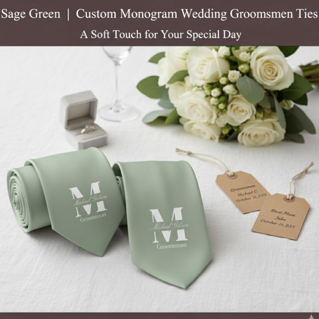 Sage Green | Custom Monogram Wedding Groomsmen  Tie (Sage Green | Custom Monogram Wedding Groomsmen Neck Tie)