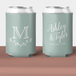 Sage Green Custom Monogrammed Wedding Favour Beer Can Cooler
