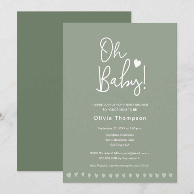 Sage Green Custom Oh Baby Shower Gender Neutral Invitation (Front/Back)