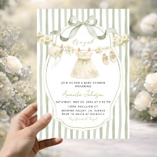 Sage Green Daisy Clothesline Baby Shower Invite