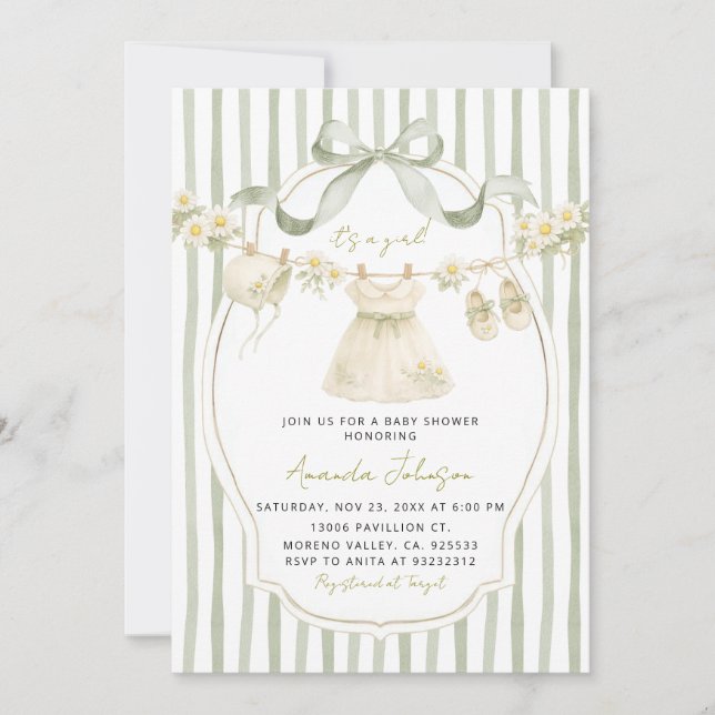 Sage Green Daisy Clothesline Baby Shower Invite (Front)