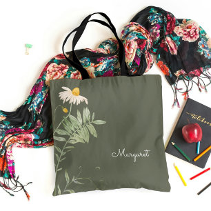 Sage Green Daisy Floral Minimal Tote Bag