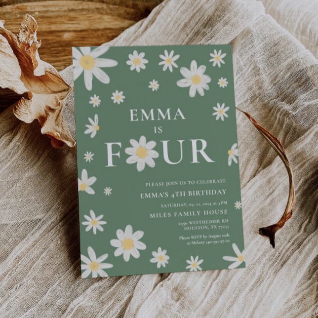 Sage Green Daisy Fourth 4th Four Birthday Invitation (Creator Uploaded)