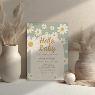 Sage Green Daisy Hello Baby Retro Baby Shower Invitation