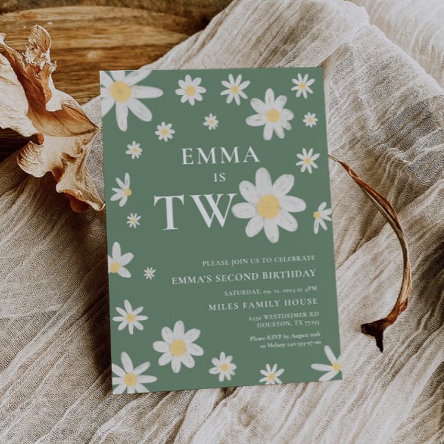 Sage Green Daisy Second 2nd Birthday Two Invitation (Creator Uploaded)