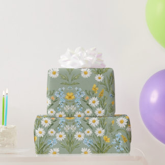 Sage Green Daisy Wildflower Cottagecore Floral  Wrapping Paper
