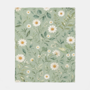 Sage Green Daisy Wildflower Meadow Botanical Fleece Blanket