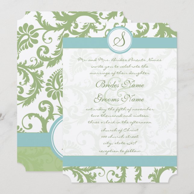 Sage Green Damask and Aqua Damask Wedding Invite (Front/Back)