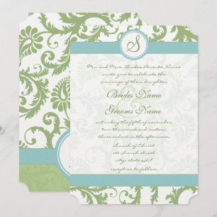 Sage Green Damask and Aqua Damask Wedding Invite