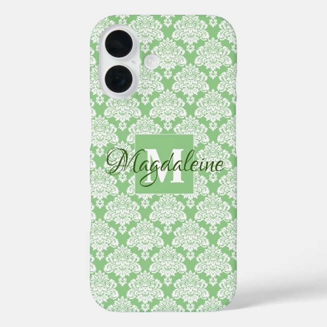 Sage Green Damask iPhone iPad Case with Monogram (Back)