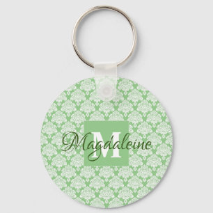 Sage Green Damask Keychain with Monogram