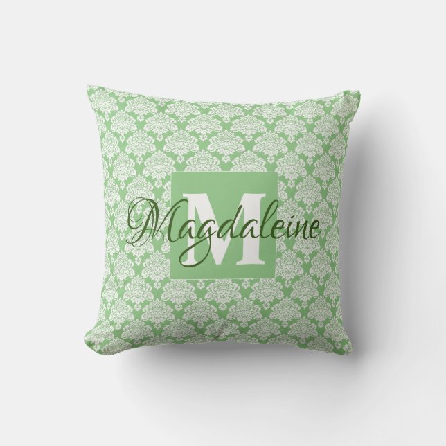 Sage Green Damask Pillow with Monogram (Front)