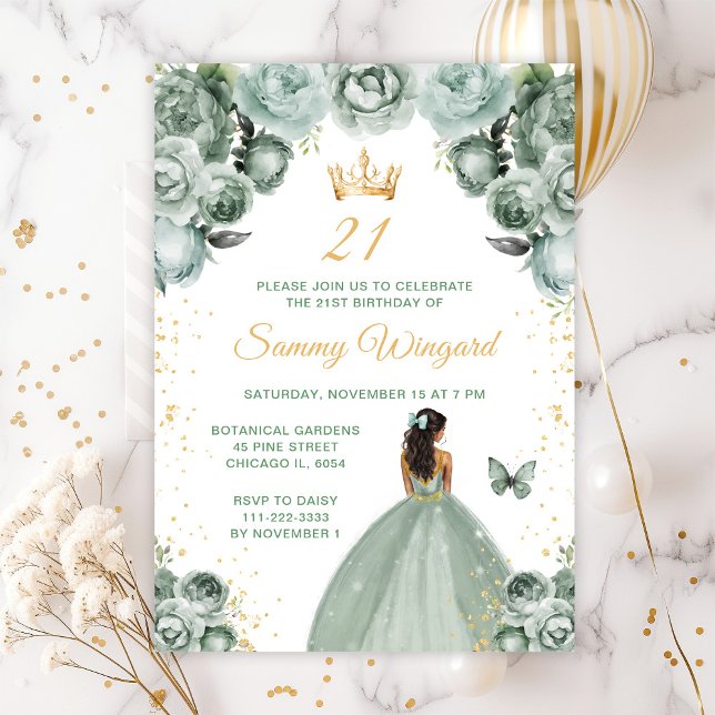 Sage Green Dark Skin Princess Birthday Party Invitation (Creator Uploaded)