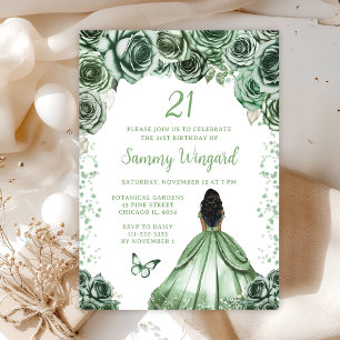 Sage Green Dark Skin Princess Birthday Party Invitation