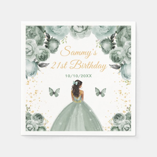 Sage Green Dark Skin Princess Birthday Party Napkin (Front)