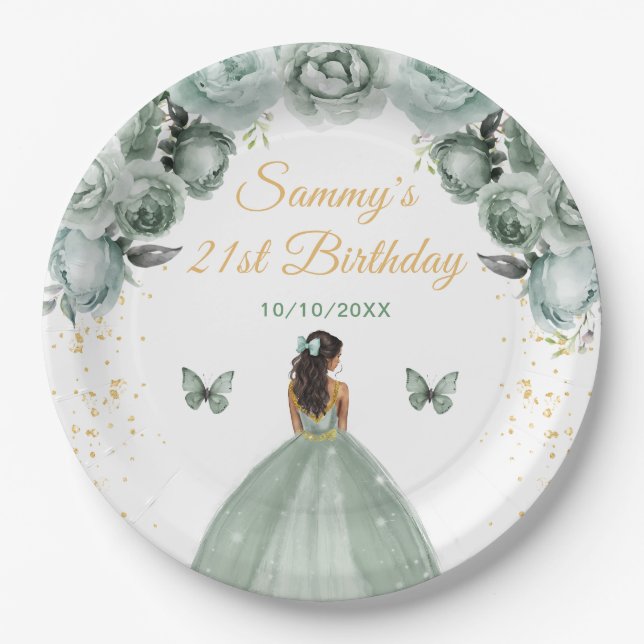 Sage Green Dark Skin Princess Birthday Party Paper Plate (Front)