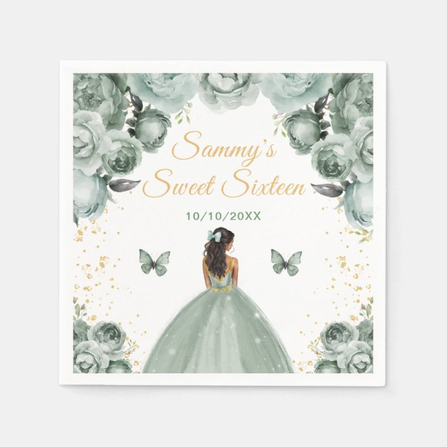 Sage Green Dark Skin Princess Sweet Sixteen Napkin (Front)