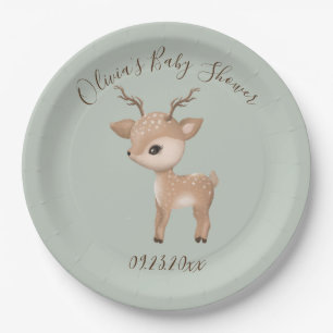 Sage Green Deer Baby Shower Paper Plate