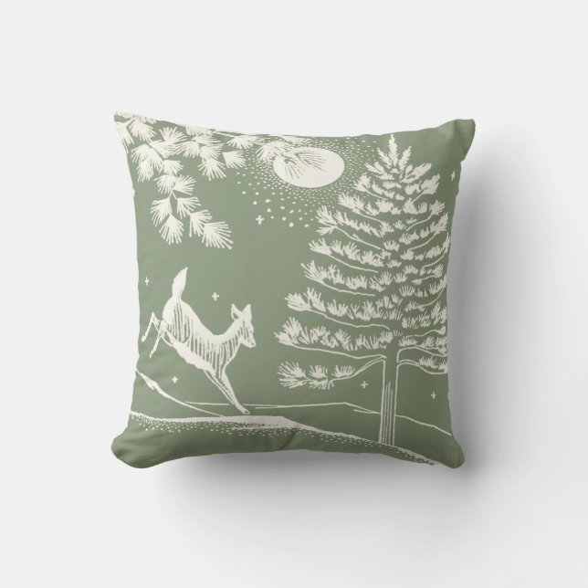 Sage Green Deer In the Snow  Throw Pillow (Front)