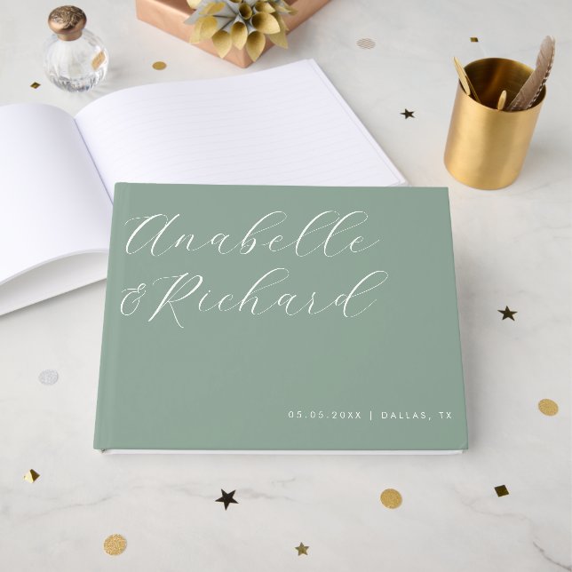 Sage Green Delicate Calligraphy Romantic Wedding Guest Book (Front Open)