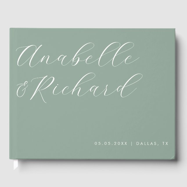 Sage Green Delicate Calligraphy Romantic Wedding Guest Book (Front)