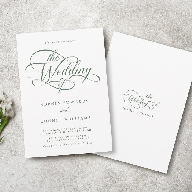 Sage Green Delicate Elegant Script Wedding Invitation (Front & Back)