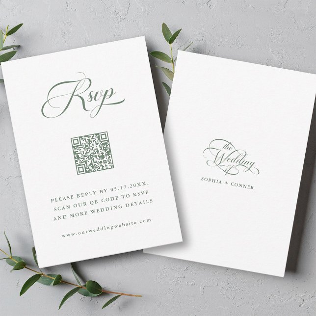 Sage Green Delicate Elegant Script Wedding RSVP Card (Front & Back)