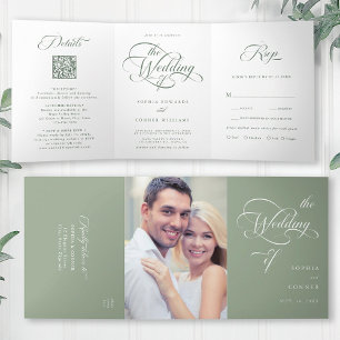Sage Green Delicate Elegant Script Wedding Tri-Fold Invitation