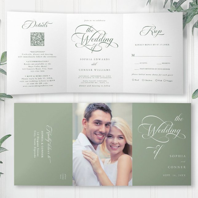 Sage Green Delicate Elegant Script Wedding Tri-Fold Invitation (Inside & Outside)