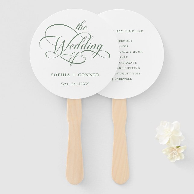 Sage Green Delicate Elegant Wedding Timeline Hand Fan (Front and Back)