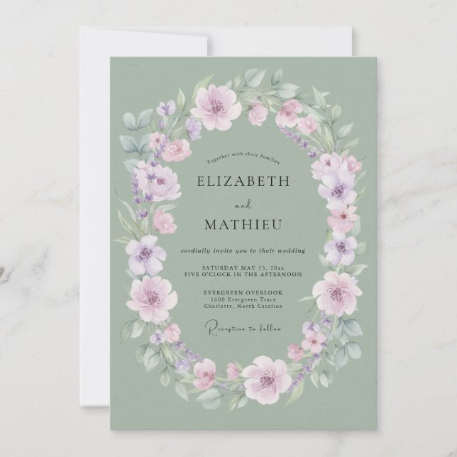 Sage Green Delicate Floral Wedding Invitation (Front)