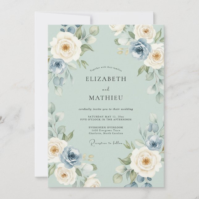 Sage Green Delicate Rose Wedding Invitation (Front)