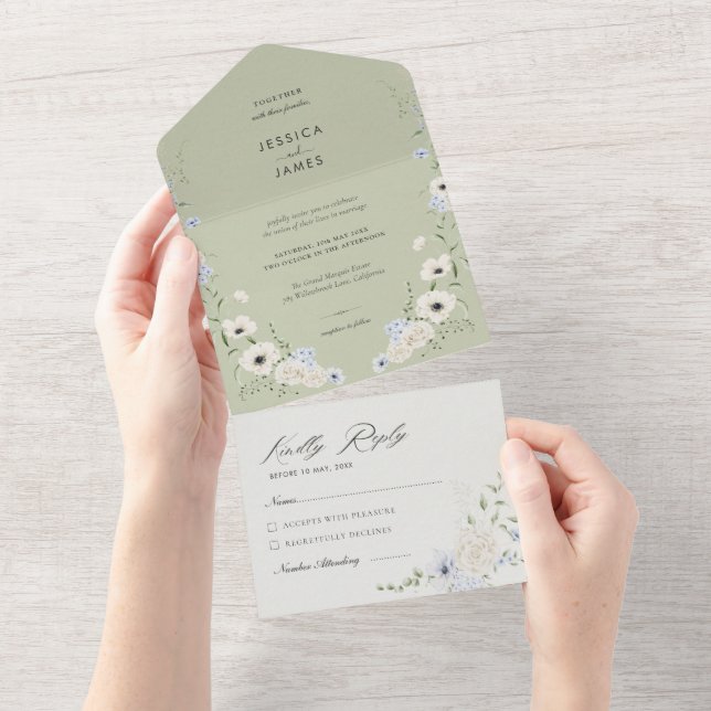 Sage Green | Detachable RSVP | Minimalist Wedding All In One Invitation (Tearaway)