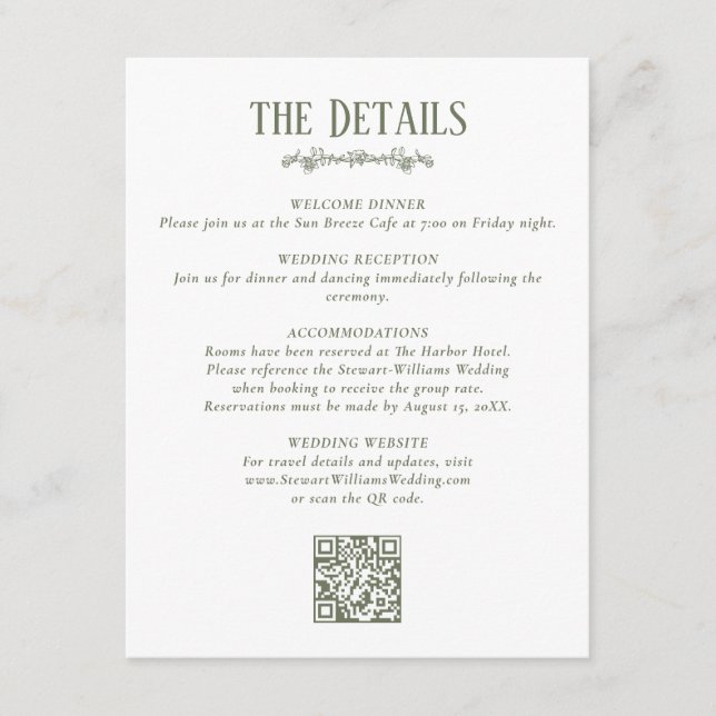 Sage Green Details Reception Information Wedding  Enclosure Card (Front)