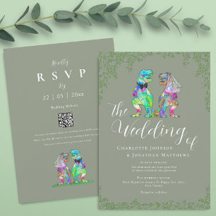 Sage Green Dinosaur Wedding QR Code Invitation