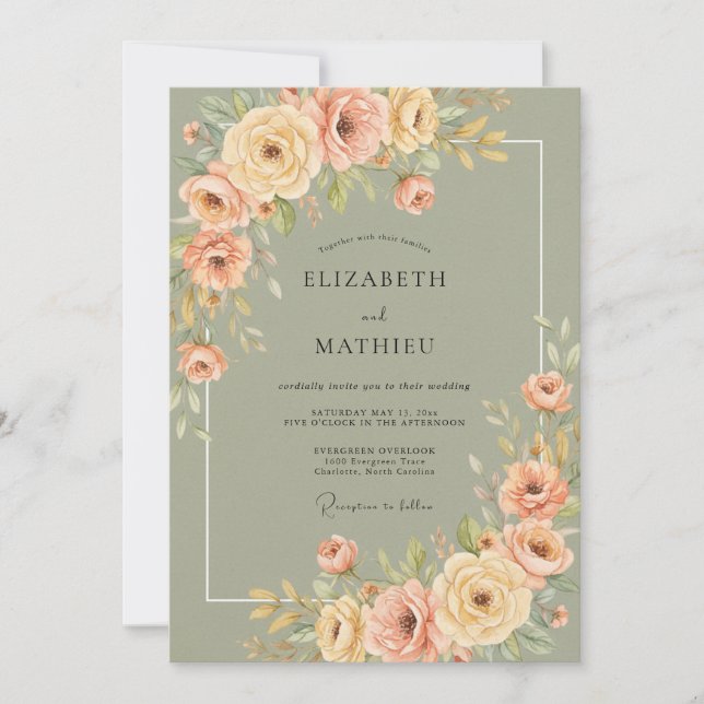 Sage Green Distinguished Floral Wedding Invitation (Front)