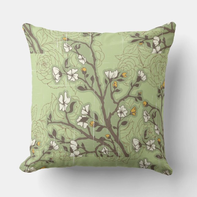 Sage Green Distressed Asian Floral Throw Pillow (Front)