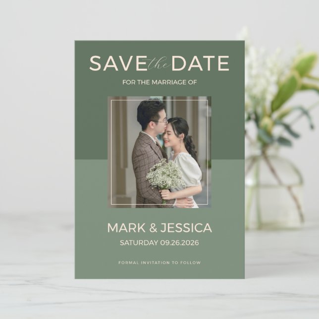 Sage Green double happiness Wedding Save The Date (Standing Front)