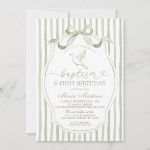Sage Green Dove Baptism First Birthday Invitation