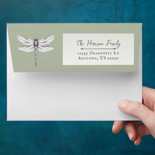 Sage Green Dragonfly Wedding Envelope (Hand)